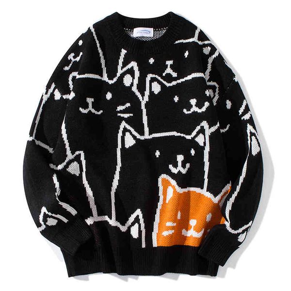

new cartoon cat men's korean version round neck sweater student young couple's wear trend leisure, Black