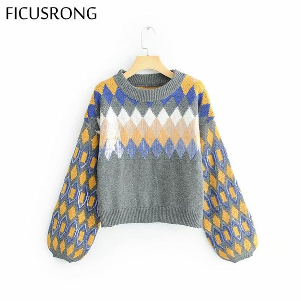 

women's sweaters fashion argyle knitted sweater women lantern sleeve sequins long pullover ficusrong, White;black