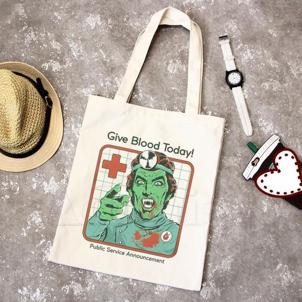 

shopping bags give blood today letter print summer women casual shoulder bag large capacity cartoon canvas harajuku