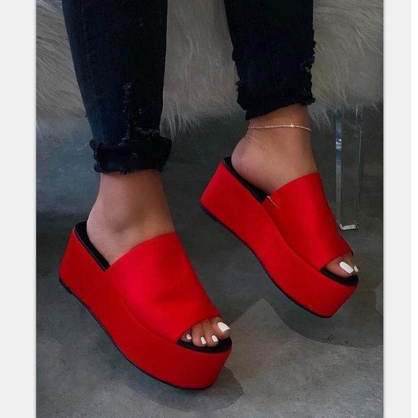 

women luxury leather shoes plus size red high heels girls platform slippers open toe summer beach ladies slides, Black