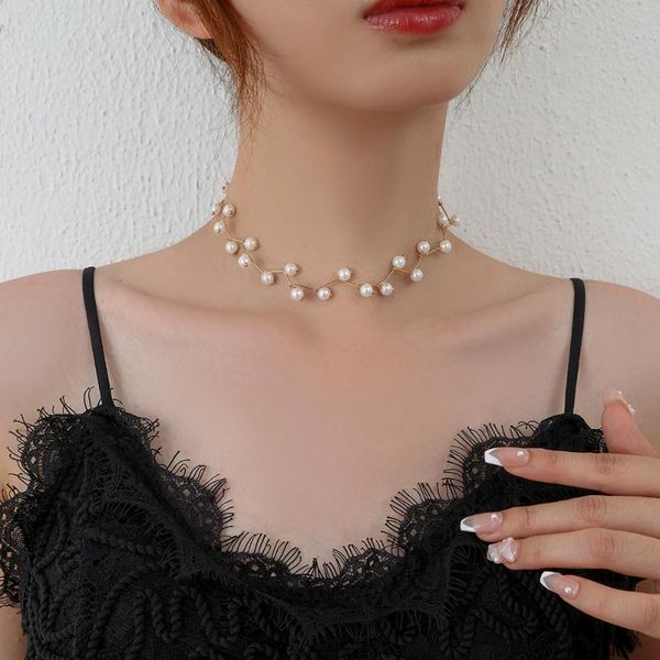 

chokers lost lady 2021 women's neck chain kpop pearl choker necklace gold color jewelry clavicle elegant collar for girl, Golden;silver