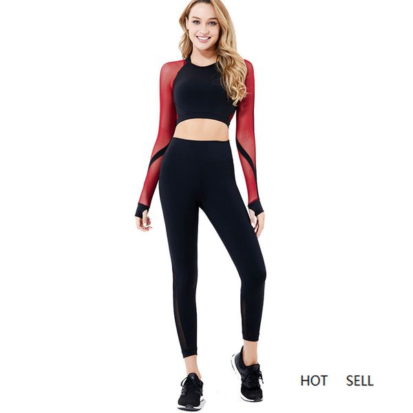 Workout-Set Schwarz Rot Gym Plus Size Damen Langarm Durchsichtiges Crop Top und Hose Sommer