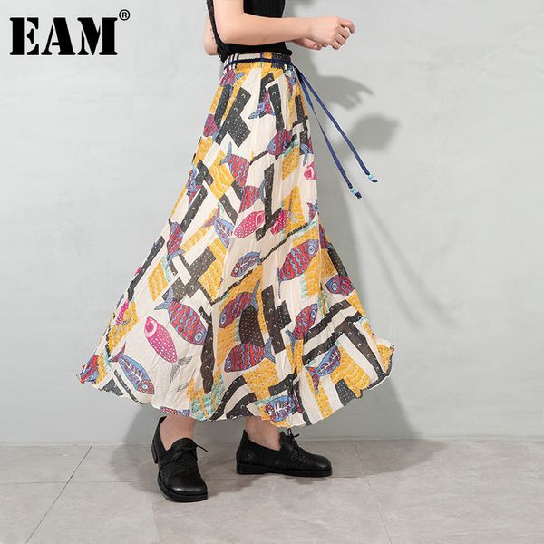 

[eam] high elastic waist beige pattern printed long bandage holiday half-body skirt women fashion spring autumn 1dd8345 21512, Black