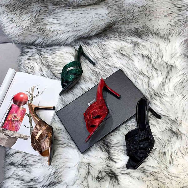 

quality women high sandals luxury designer shoes slide summer fashion stiletto heels laides slippery leather sandal slippers with box, Black