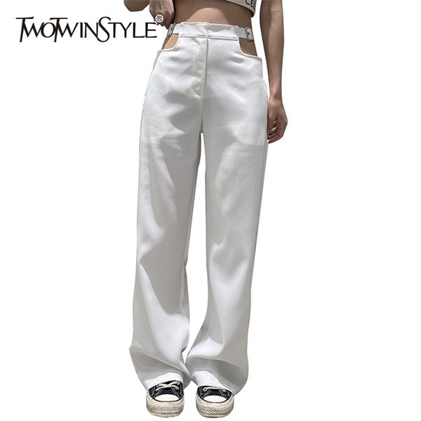 

casual white pant for women high waist hollow out full length korean straight pants female spring fashion 210521, Black;white