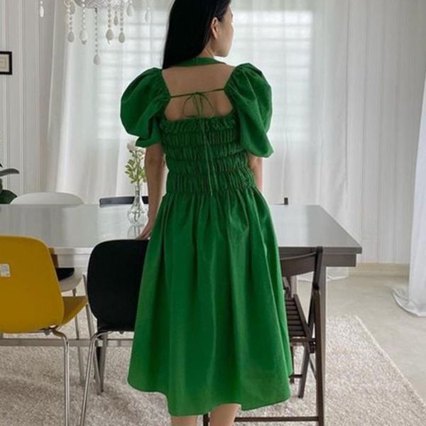 

casual dresses [ewq] korea chic fashion halter-neck-style hollow tie wide loose green puff sleeve dress trendy female summer 2021 16e832, Black;gray