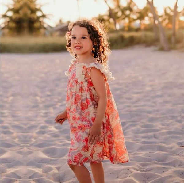 

2021 summer girls princess dress children floral linen sleeveless ruffle beach dresses fashion kids vacation style sundress s1108, Red;yellow