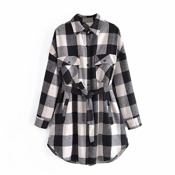 

women's wool & blends xeasy women plaid fashion single breasted loose vintage long sleeve sashes jacket female elegant streetwear casua, Black