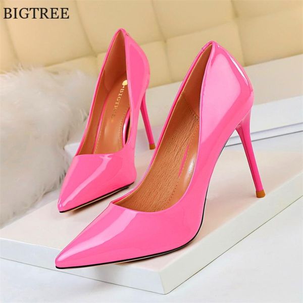 

dress shoes 2021 women pumps concise pointed toe patent leather office lady spring high heels wedding bridal woman plus size, Black