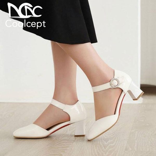 

dress shoes coolcept plus size 31-43 women pumps fashion square toe crystals buckle spring thick heels party footwear, Black