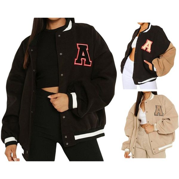 

women's jackets autumn women casual y2k loose baseball uniform letter pattern horizontal stripes decoration streetwear for ladies femal, Black;brown
