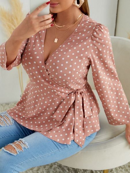 

plus polka dot puff sleeve wrap knot side blouse t7vt#, Black