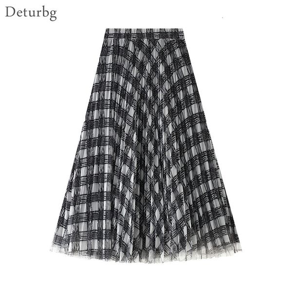 

casual dresses women's elegant plaid pattern tulle skirt korean female high waist 3 layers black mesh midi long skirts autumn wint, Black;gray