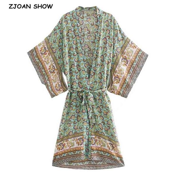 

boho location floral print long kimono shirt green hippie women tie bow sashes cardigan loose blouse holiday 210429, White