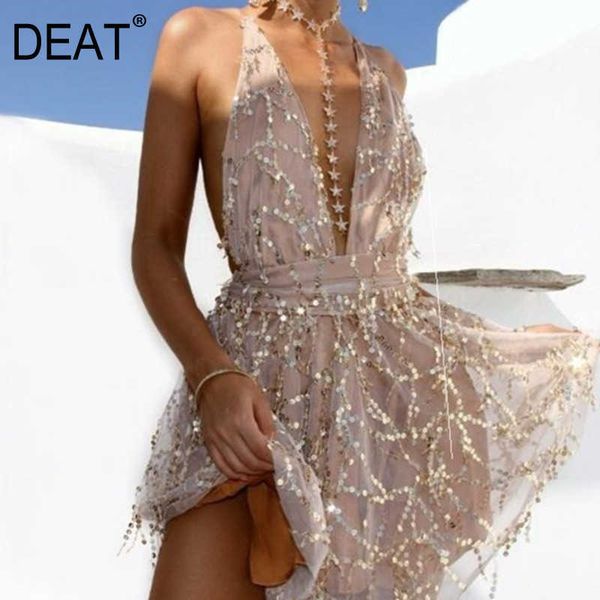 

[deat] summer fashion v-neck high waist tassel sleeveless solid color a-line personality sling dress women 13c703 210527, Black;gray