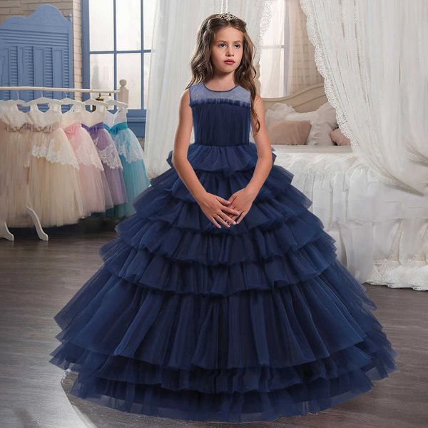 2021 Abiti lunghi in pizzo per ragazza per la festa nuziale Abito per bambini Abiti per bambini Damigella d'onore Flower Girl Abito da sera Costume 10 12 anni Q0716