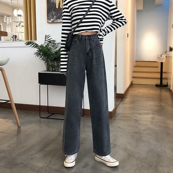 

women's jeans summer high-waist straight-leg 2021 casual fashion harajuku cotton bf trousers literary retro simple ms, Blue