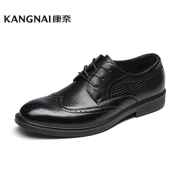 

men shoes genuine cow leather business wedding formal round toe lace-up comfortable man brogue dress, Black