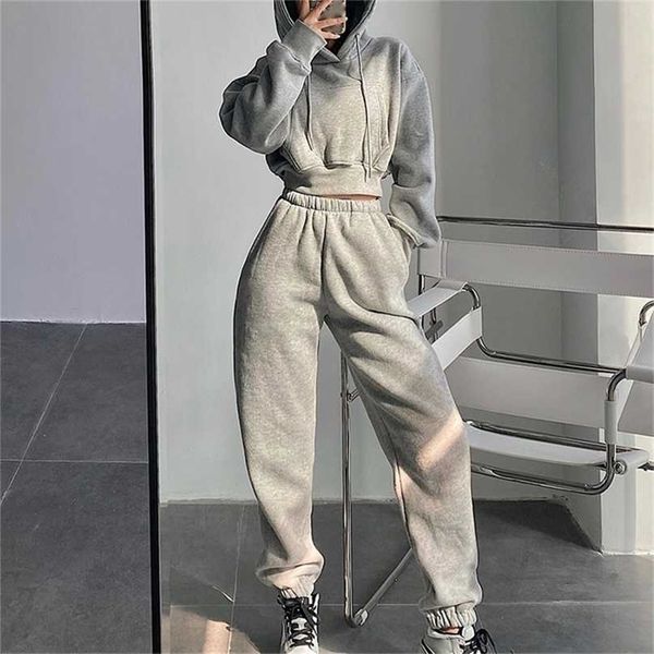 

women's tracksuit crop hoodies two pieces set high waist pullover hooded joggers suit female autumn lady sportwear sets 211022, White