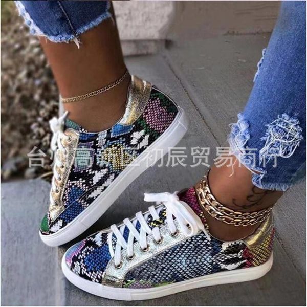 

european and american printed snake print flat bottom lace up breathable casual sports shoes large size in stock sandals, Black