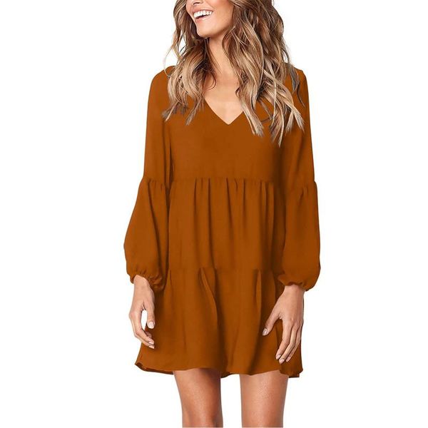 

casual dresses fashion women solid v-neck lantern long sleeve flowy swing shift loose dress ruffle hem party slim vestidos, Black;gray