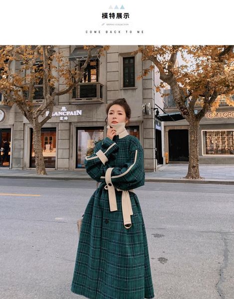 

women's wool & blends 2021 winter splicing plaid woolen coat loose waist middle length over knee retro, Black