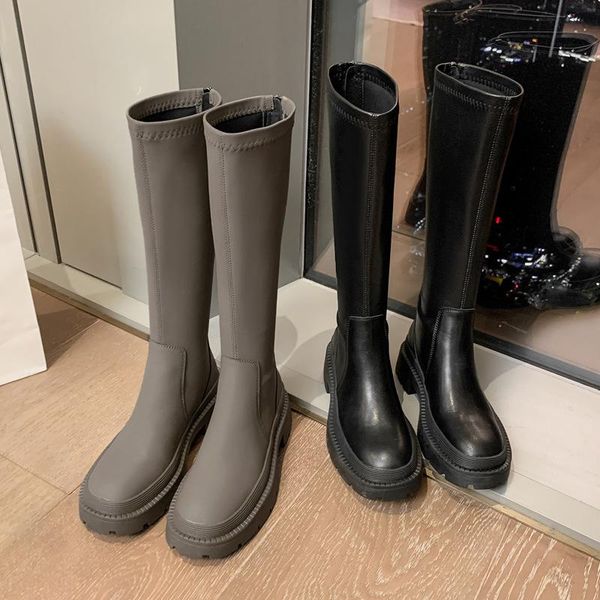 

boots fonberry 2021 matte gray back zip long knee riding women round toe chunky platform motorcycle high shoes, Black