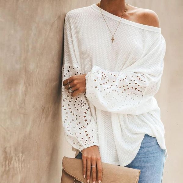 

one off shoulder knitted womens sweater pullover casual white long flare sleeve embroidery hollow out knitwear jumper, White;black