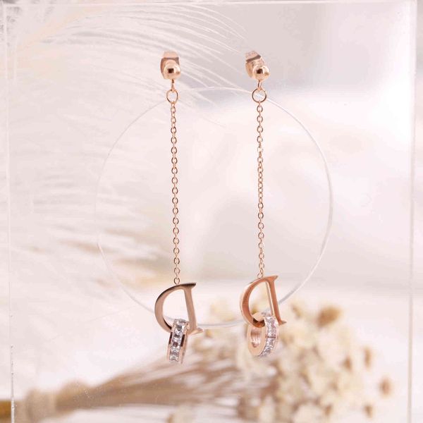 

2021 new designer decorated titanium steel zircon earrings, and korean style, long letter geometric minority, advanced sense earrings, Golden