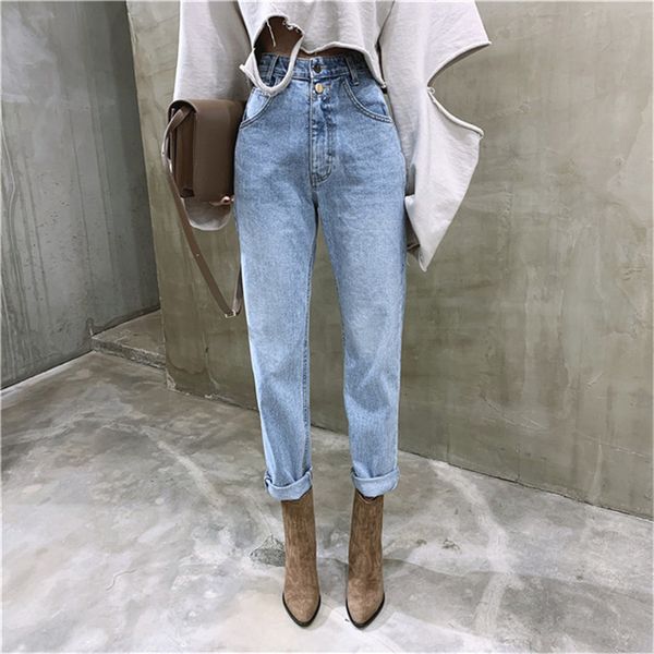 

women's vintage high waist straight pants for streetwear loose women denim buttons zipper ladies jeans, Blue