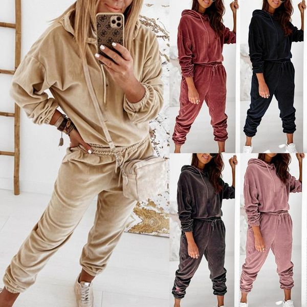 

women's two piece pants women velvet 2 suit long sleeve hoodies and trousers casual set autumn winter pantsuit female fashion outfits, White