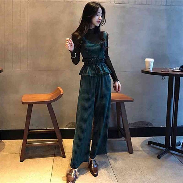 

velvet 3 piece outfits vintage lotus leaf pants set trendy ensemble femme matching sets office lady suits 210510, White