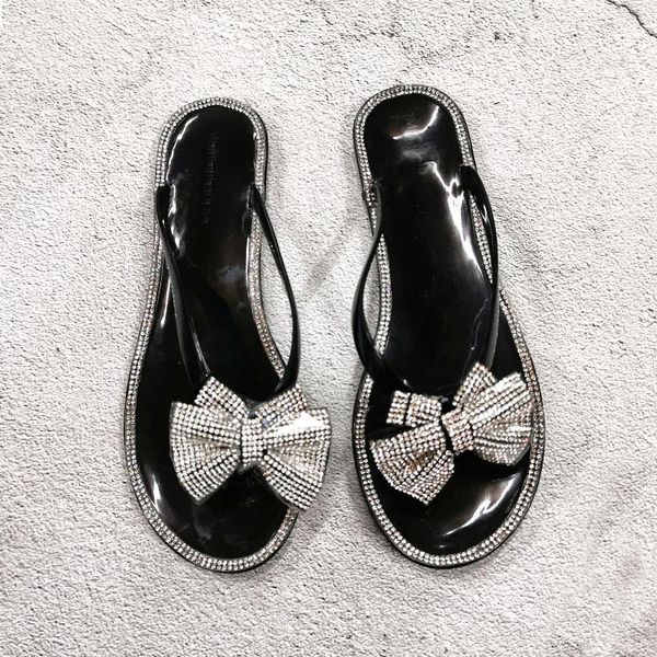 

women's bowknot color diamond crystal flip flops flashing sequin slippers beach shoes flat jelly, Black