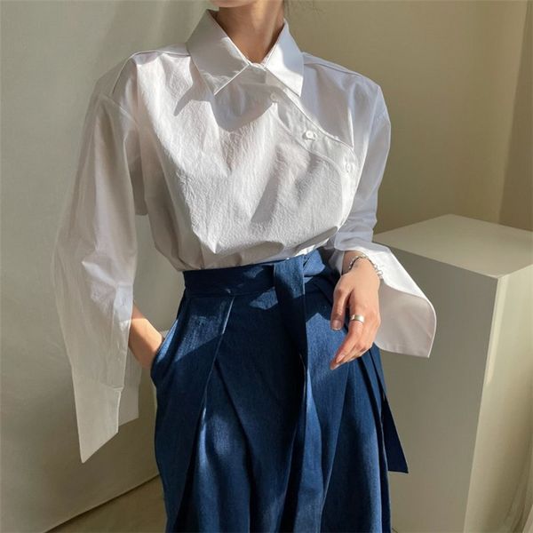 

ol lapel streetwear color-hit chic gentle casual vintage all match striped women loose elegance shirts 210421, White