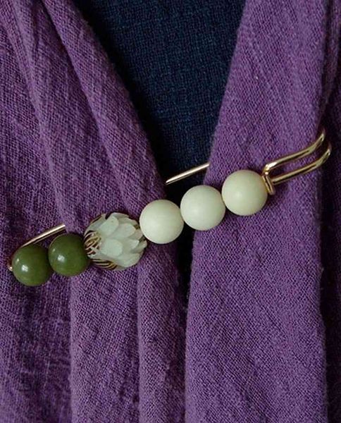 

beads pearl lotus pin brooch shawl bodhi female buckle coat sweater with white green handmade jewelry, Gray
