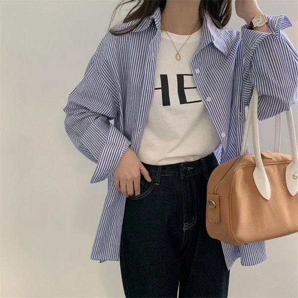 

women's blouses & shirts hzirip 2021 retro women outwear striped students streetwear geometric chic loose all match stylish casual kore, White