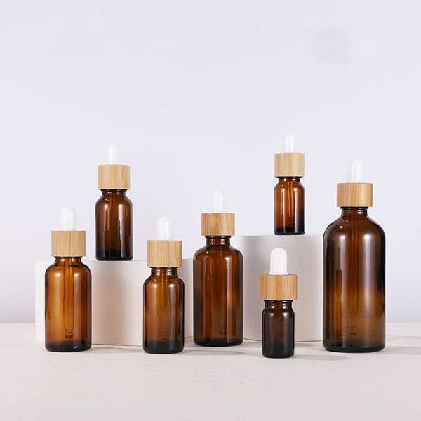 Amber vidro garrafa gotas de gotas de amostra cosméticos 30ml frascos de óleo essencial com tampa de bambu