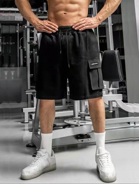 

men drawstring waist patch detail cargo shorts 356o#, Black