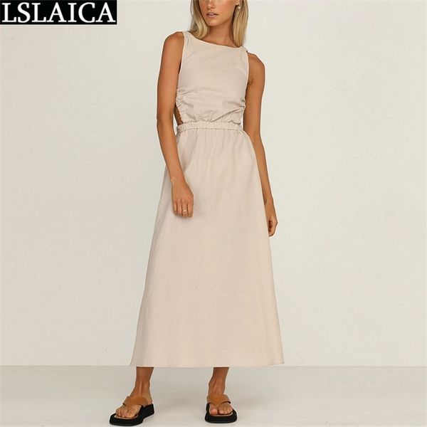 

sleeveless summer dress fashion elastic waist solid color a line dresses for women night party club long dress female robe 210331, Black;gray