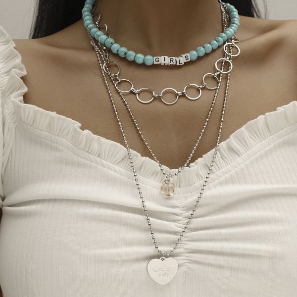 

s2413 bohemian fashion jewelry multi layer necklace beaded heart pendant 4 layers chain necklaces, Silver
