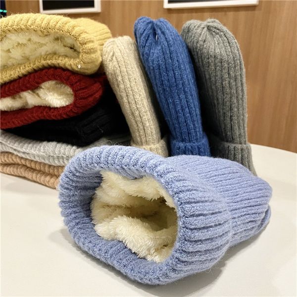 

winter beanies hats for women plus velvet warm pointed knitting yarn thicken caps casua solid color men fashion hats, Blue;gray