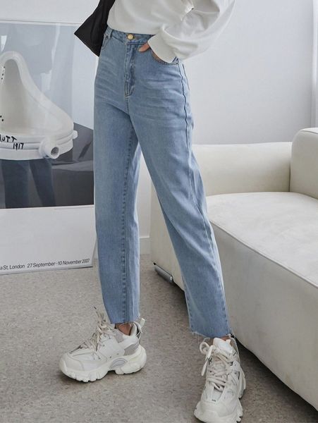 

dazy high waist raw hem straight leg jeans e9ey#, Blue