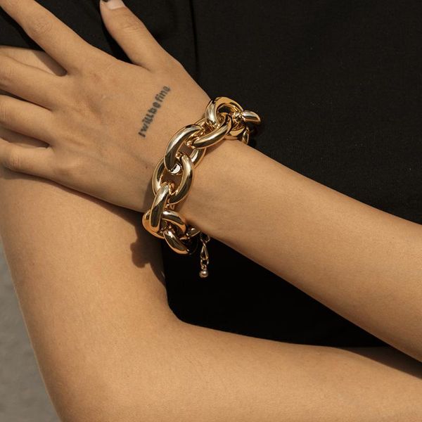 

link, chain retro exaggerated thick geometric hollow out bracelet for women, Black