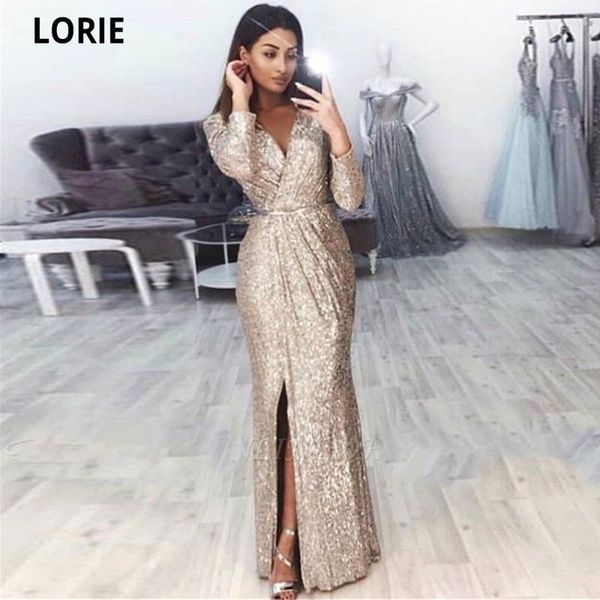 

party dresses lorie elegant evening long sleeve 2021 formal champagne princess prom gowns v-neck wedding guest dress side split, White;black
