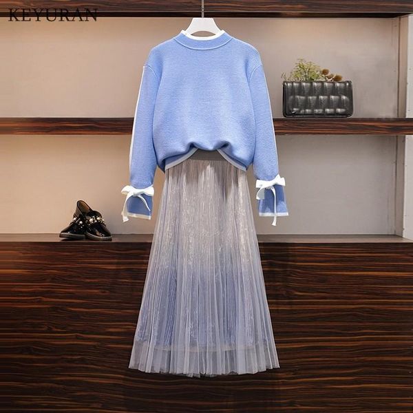 

two piece dress plus size 4xl women winter warm knitted sweater and maxi mesh skirt suit for autumn basic set l4264, White