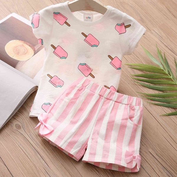 Mädchen Kleidung Set Sommer Baumwolle 2-10T Jahre alt Kinder Mädchen Eis Creme Print T-shirt + Weiß rosa Gestreifte Schleife Shorts 2 Stück Sets 210529