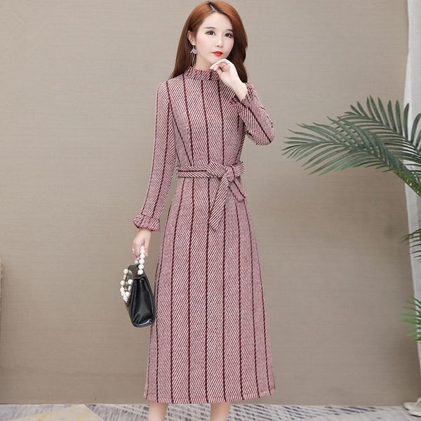 

casual dresses -3xl women wool blends autumn winter fashion stripes adjustable waist lacing belt warm woolen long female cd6z, Black;gray