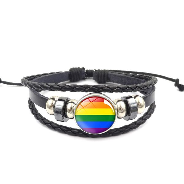 Bracciale LGBT in pelle nera con fibbia in vetro stile Gay Pride con 8 gioielli gay con bandiera arcobaleno, tessuto fatto a mano con perline fai da te