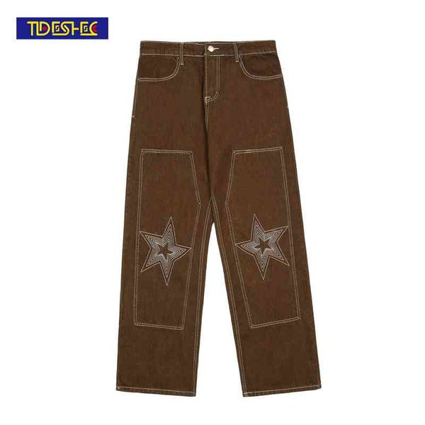 

hiphop jeans mens embroidered five-pointed star vintage washed fashion loose denim pants overall male rap plus size, Black