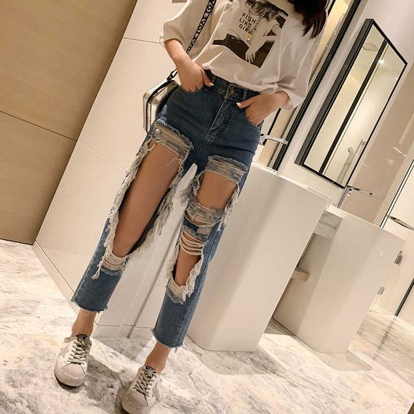 

plus size 5xl solid fashion jeans for women ripped hole casual high waisted pencil korean pants female new kz72, Blue